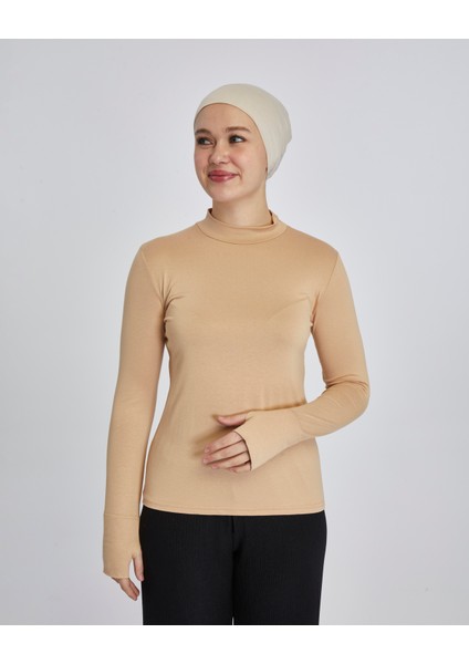 Hafif Balıkçı Yakalı Parmak Geçmeli Likralı Organik Kadın Body - Koyu Bej - L-XL