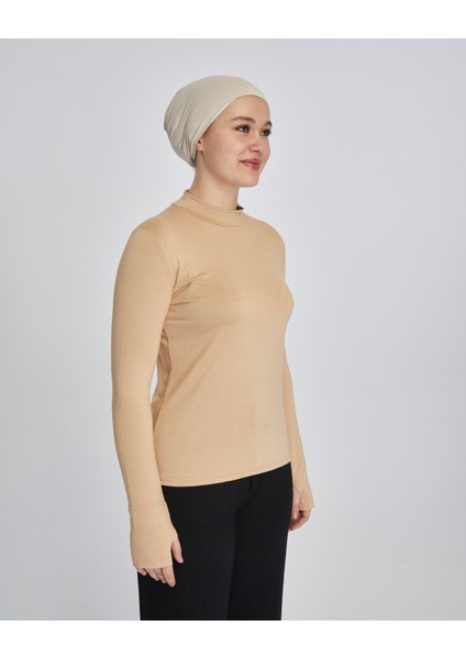 Hafif Balıkçı Yakalı Parmak Geçmeli Likralı Organik Kadın Body - Koyu Bej - L-XL