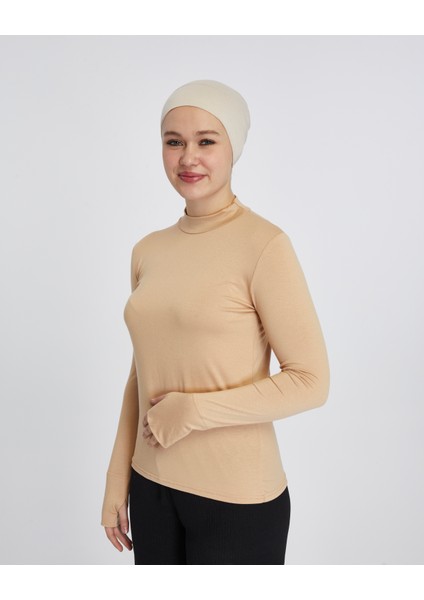 Hafif Balıkçı Yakalı Parmak Geçmeli Likralı Organik Kadın Body - Koyu Bej - L-XL