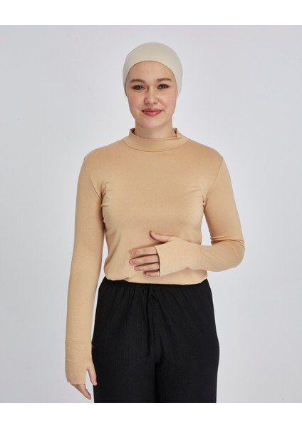 Hafif Balıkçı Yakalı Parmak Geçmeli Likralı Organik Kadın Body - Koyu Bej - L-XL