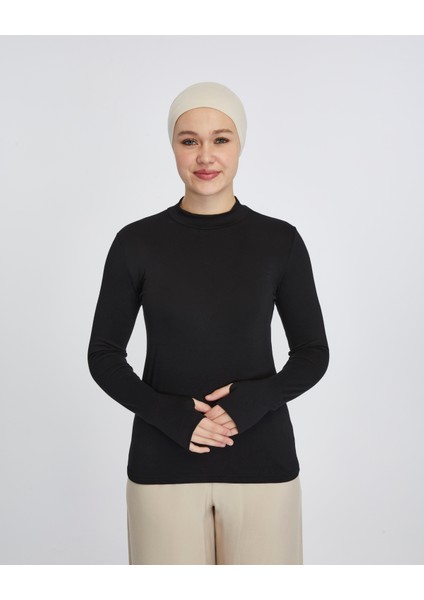 Hafif Balıkçı Yakalı Parmak Geçmeli Likralı Organik Kadın Body - Siyah - L-XL