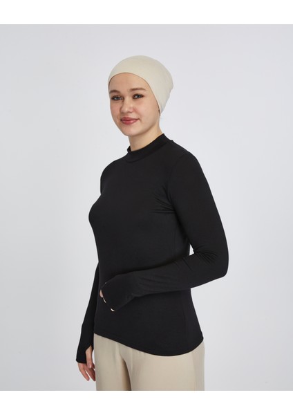Hafif Balıkçı Yakalı Parmak Geçmeli Likralı Organik Kadın Body - Siyah - L-XL