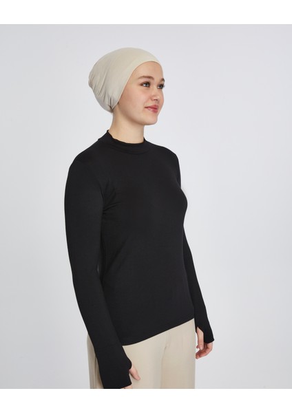 Hafif Balıkçı Yakalı Parmak Geçmeli Likralı Organik Kadın Body - Siyah - L-XL