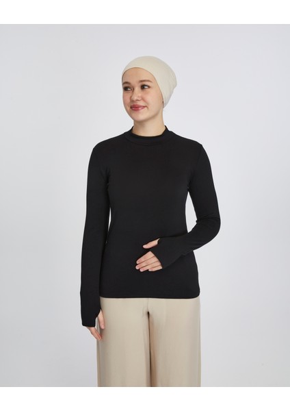Hafif Balıkçı Yakalı Parmak Geçmeli Likralı Organik Kadın Body - Siyah - L-XL