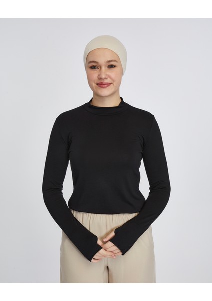 Hafif Balıkçı Yakalı Parmak Geçmeli Likralı Organik Kadın Body - Siyah - L-XL