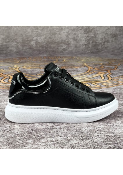 Siyah Renk Beyaz Tabanlı Fermuar Detaylı Spor Ayakkabı Günlük Sneaker Ortopedik Tabanlı Meq3 fırsatları