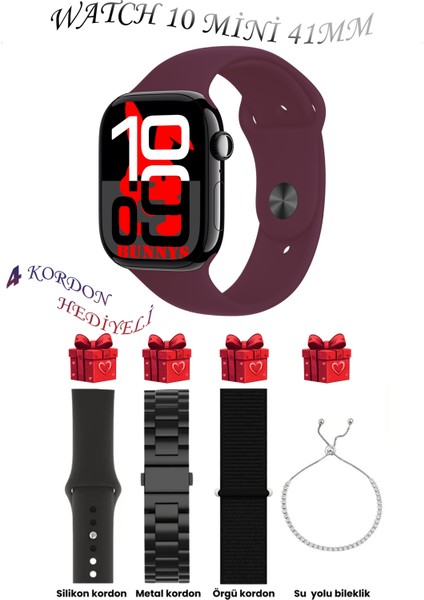 Omix X300 Uyumlu Bordo Akıllı Saat Watch 10 Mini Kordon Hediyeli Amoled Ekran 41MM