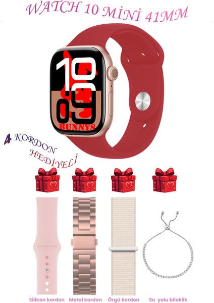 Omix X400 Uyumlu Kırmızı Akıllı Saat Watch 10 Mini Kordon Hediyeli Amoled Ekran 41MM