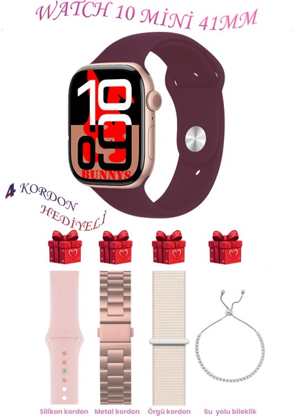 Oppo A55 Uyumlu Bordo Akıllı Saat Watch 10 Mini Kordon Hediyeli Amoled Ekran 41MM