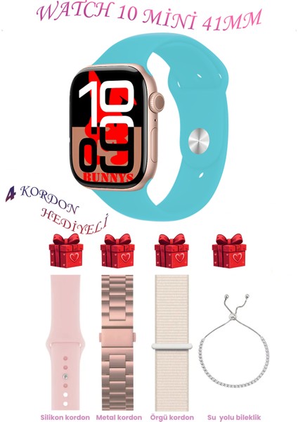Omix X600 Uyumlu Turkuaz Akıllı Saat Watch 10 Mini Kordon Hediyeli Amoled Ekran 41MM