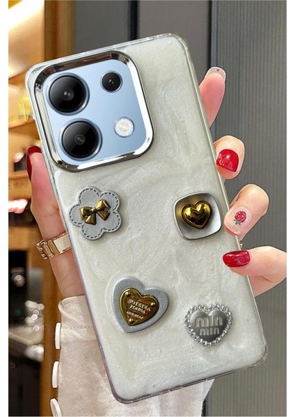 Xiaomi Redmi Note 13 4g Uyumlu 3D Taş Kurdele Kelebek Kalp Glitter Motifli Simli Sert Kapak