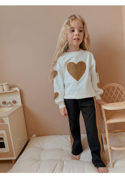 Yigit Butik Kalp Nakışlı Simli Kız Çocuk Alt Üst Takım