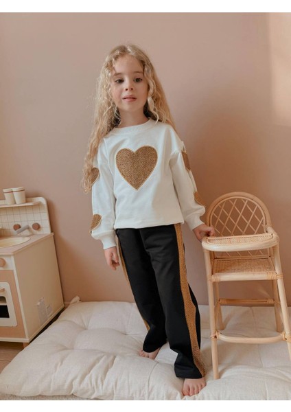 Yigit Butik Kalp Nakışlı Simli Kız Çocuk Alt Üst Takım