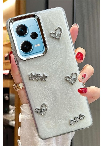 Xiaomi Redmi Note 12 Pro Plus Uyumlu 3D Taş Kurdele Kelebek Kalp Glitter Motifli Simli Sert Kapak