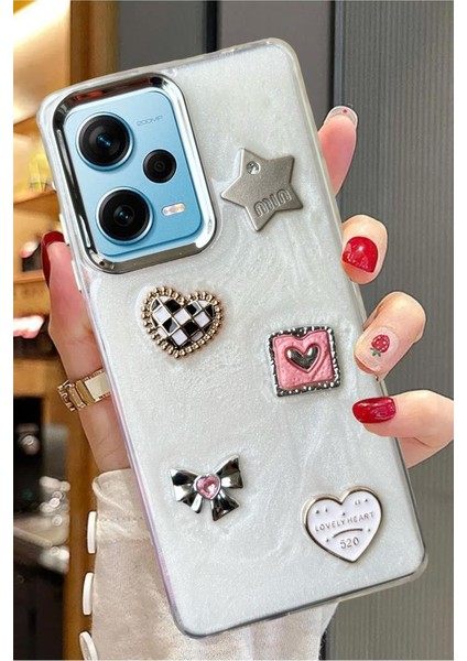 Xiaomi Redmi Note 12 Pro Plus Uyumlu 3D Taş Kurdele Kelebek Kalp Glitter Motifli Simli Sert Kapak