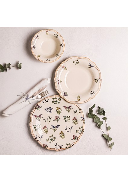 Wild - 18 Parça 6 Kişilik Porselen Yemek Takımı Kenarları Silik Vintage Tuval Model Porselen Tabak
