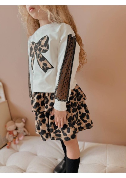 Yigit Butik Fiyonk Baskılı Leopar Etekli Kız Çocuk Alt Üst Takım fiyatları