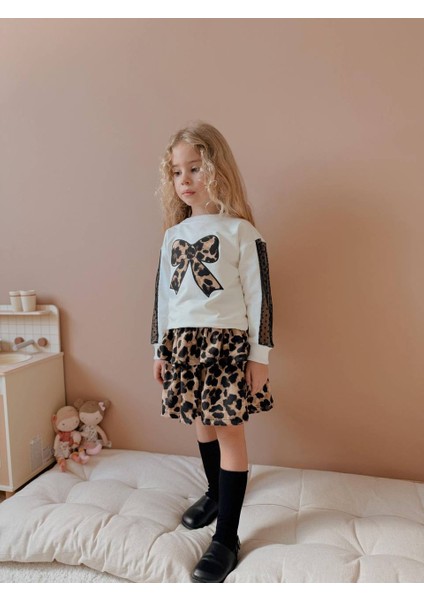 Yigit Butik Fiyonk Baskılı Leopar Etekli Kız Çocuk Alt Üst Takım modelleri