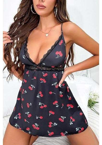 Siyah Kiraz Desenli Mini Gecelik 15765