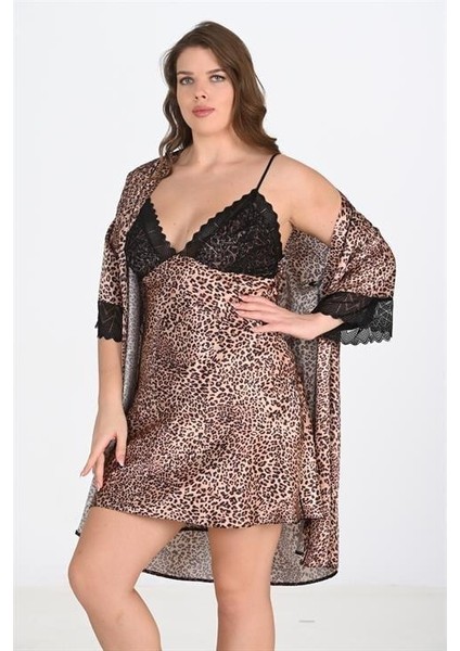 Büyük Beden 2li Leopar Sabahlık Takımı Bigsize 6203