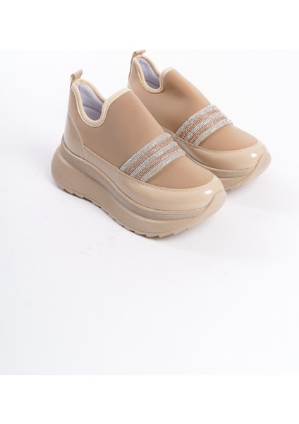 Bej Kadın Streç Taşlı Rahat Yüksek Tabanlı Sneaker 1059