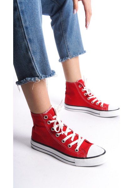 Kırmızı Kadın Uzun Keten Spor Ayakkabı Günlük Sneakers Cnv6