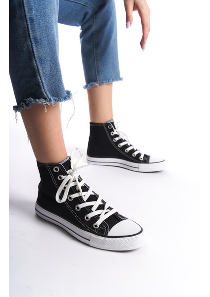 Siyah Beyaz Kadın Uzun Keten Spor Ayakkabı Günlük Sneakers Cnv6