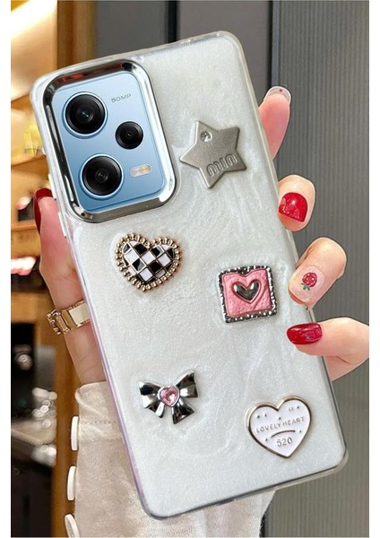 Xiaomi Redmi Note 12 Pro 5g Uyumlu 3D Taş Kurdele Kelebek Kalp Glitter Motifli Simli Sert Kapak