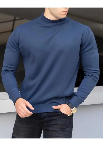 Yarım Balıkçı Yaka Erkek Indigo Triko Kazak