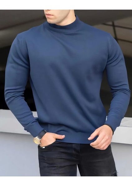 Yarım Balıkçı Yaka Erkek Indigo Triko Kazak