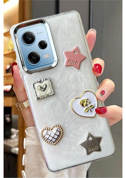 Xiaomi Redmi Note 12 Pro 5g Uyumlu 3D Taş Kurdele Kelebek Kalp Glitter Motifli Simli Sert Kapak