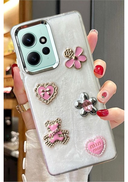 Xiaomi Redmi Note 12 4g Uyumlu 3D Taş Kurdele Kelebek Kalp Glitter Motifli Simli Sert Kapak