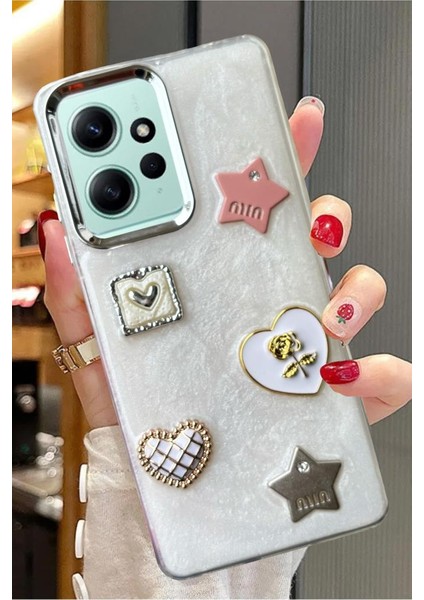 Xiaomi Redmi Note 12 4g Uyumlu 3D Taş Kurdele Kelebek Kalp Glitter Motifli Simli Sert Kapak