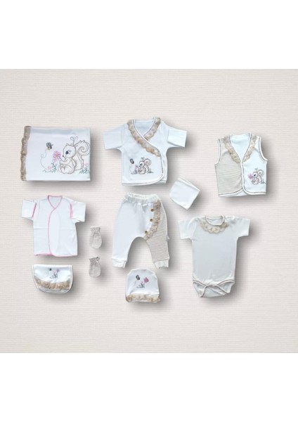 Minik Sincap Nakışlı %100 Cotton Antibakteriyel 10LU Zıbın Takımı Hastane Çıkışı Ekru