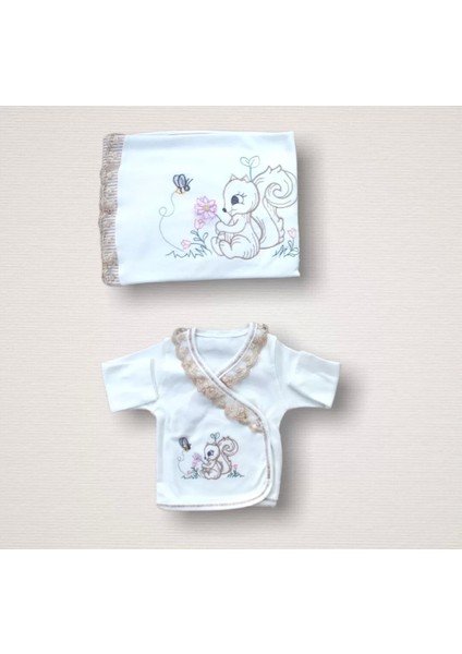 Minik Sincap Nakışlı %100 Cotton Antibakteriyel 10LU Zıbın Takımı Hastane Çıkışı Ekru