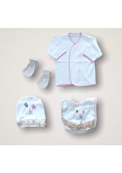 Minik Sincap Nakışlı %100 Cotton Antibakteriyel 10LU Zıbın Takımı Hastane Çıkışı Ekru