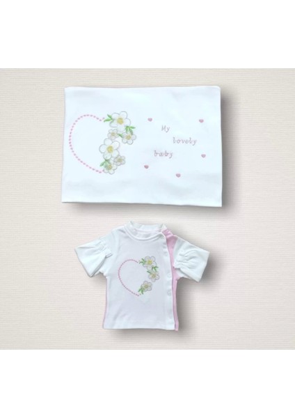 Baharın Çiçekli Kalbi Nakışlı %100 Cotton Antibakteriyel 10LU Zıbın Takımı Hastane Çıkışı Pembe