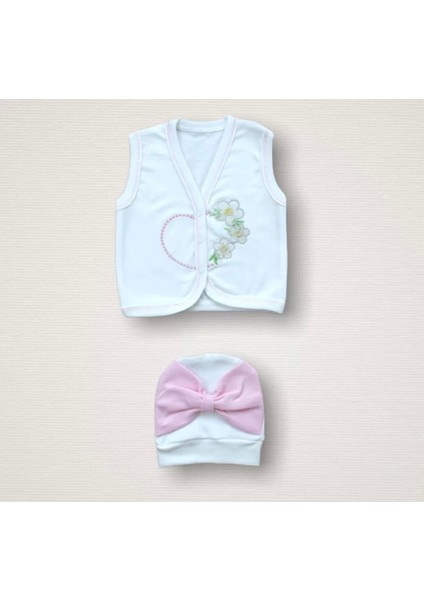 Baharın Çiçekli Kalbi Nakışlı %100 Cotton Antibakteriyel 10LU Zıbın Takımı Hastane Çıkışı Pembe