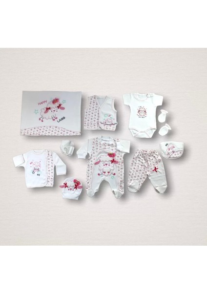 Kıvırcık Kuzu Nakışlı %100 Cotton Antibakteriyel 10LU Zıbın Takımı Hastane Çıkışı Ekru