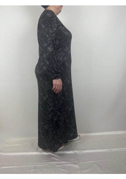 Kadın Siyah Desenli Bisiklet Yaka Uzun Kollu Kol Bilekleri Lastikli Mevsimlik Anne Elbise