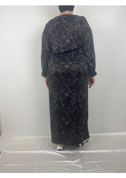 Kadın Siyah Desenli Bisiklet Yaka Uzun Kollu Kol Bilekleri Lastikli Mevsimlik Anne Elbise modelleri