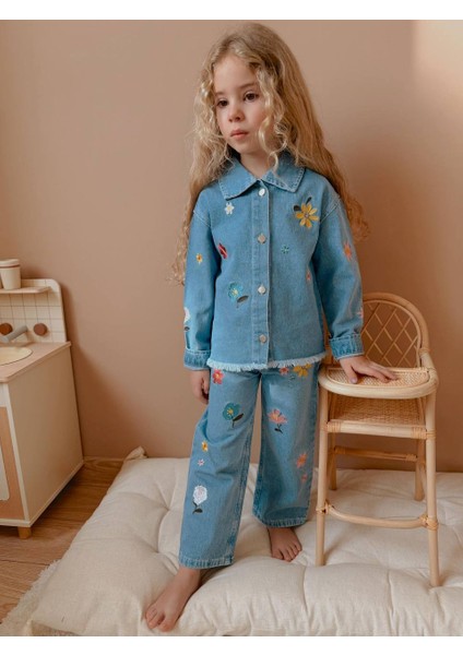 Yigit Butik Çiçek Işlemeli Denim Kumaş Kız Çocuk Alt Üst Takım
