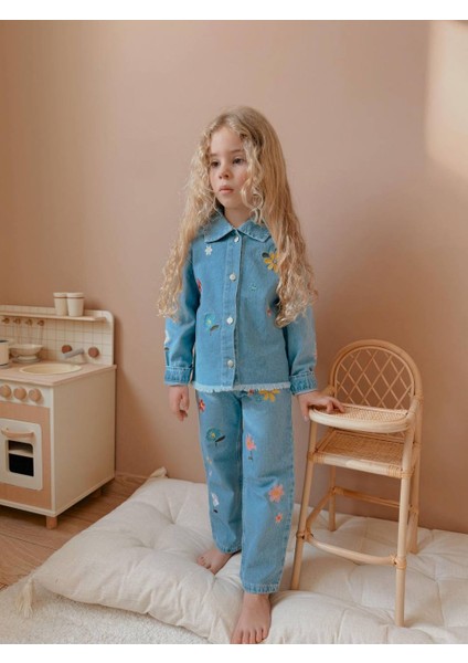 Yigit Butik Çiçek Işlemeli Denim Kumaş Kız Çocuk Alt Üst Takım