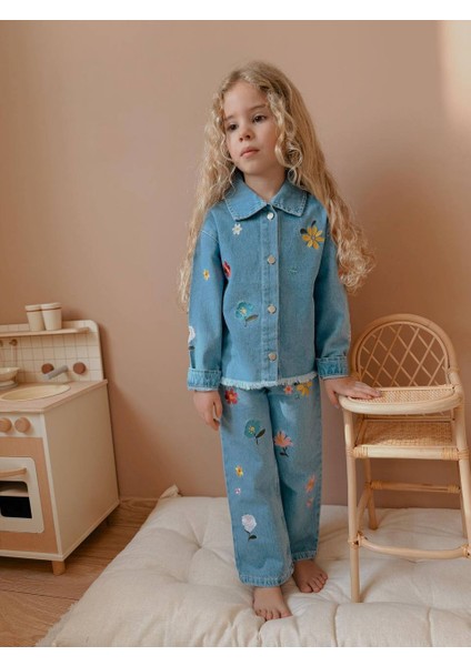 Yigit Butik Çiçek Işlemeli Denim Kumaş Kız Çocuk Alt Üst Takım