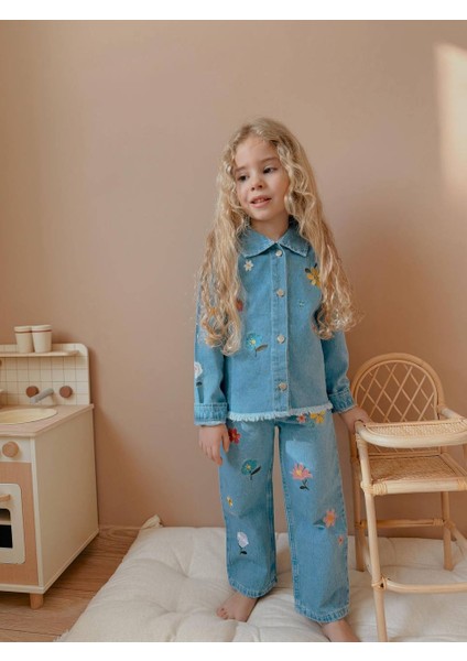 Yigit Butik Çiçek Işlemeli Denim Kumaş Kız Çocuk Alt Üst Takım