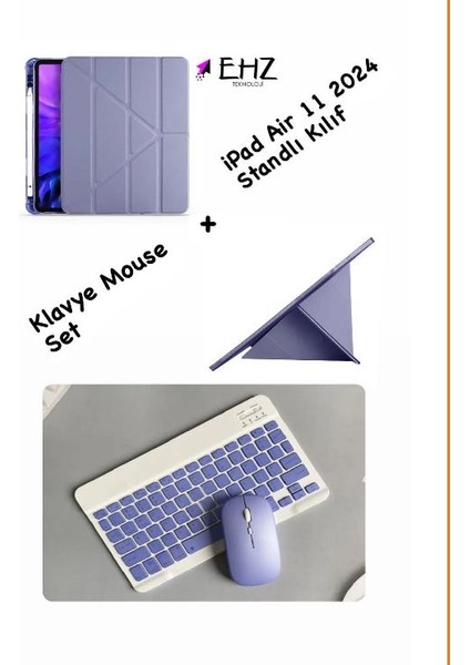 iPad Air 11 Katlanir Kalem Bölmeli Uyku Modlu Kapak Tablet Kılıf + Bluetoothlu Klavye Mouse