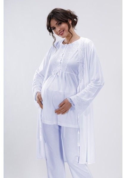 Mavi Hamile ve Lohusa Pijama Takımı 3'lü Set