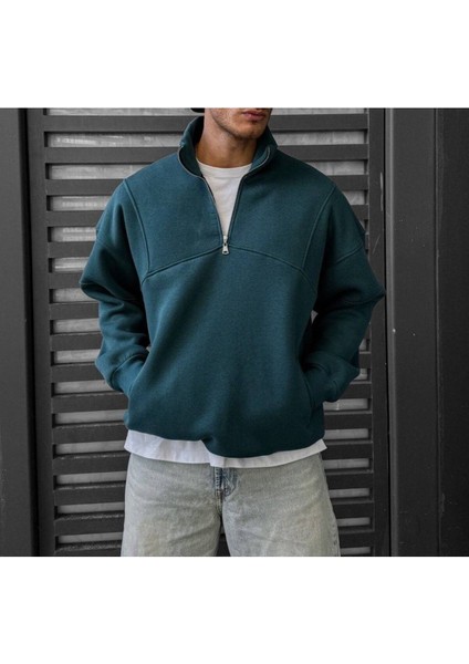 Fermuar Yaka Penye Sweat - 3 Iplik Şardonlu Kaliteli Unısex Sweat - Oversıze Kalıp