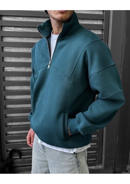 Fermuar Yaka Penye Sweat - 3 Iplik Şardonlu Kaliteli Unısex Sweat - Oversıze Kalıp fırsatları