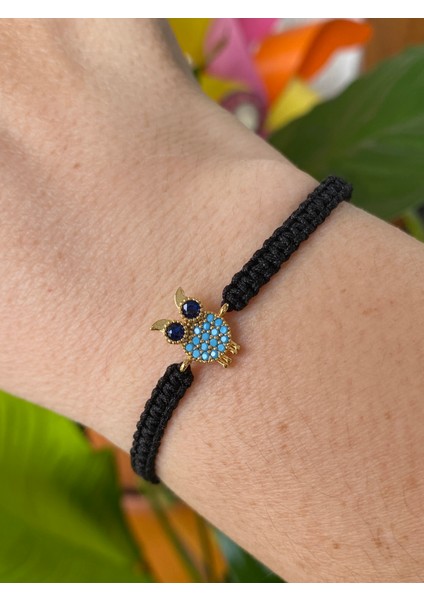 Baykuş Desenli Zirkon Taşlı Makrome Örgülü Bileklik